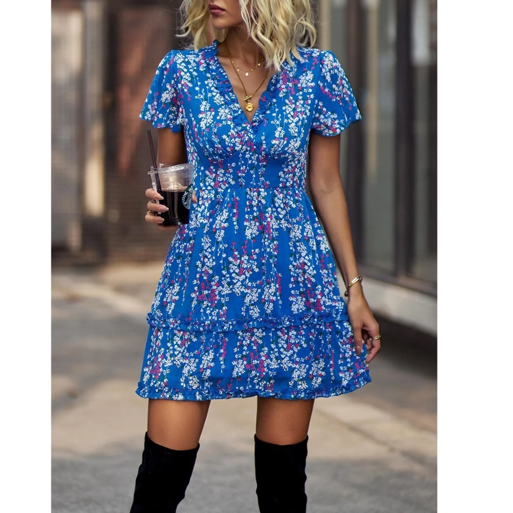 Floral Royal Blue Dress Summer V-Neck Short Mini - Picture 6 of 7